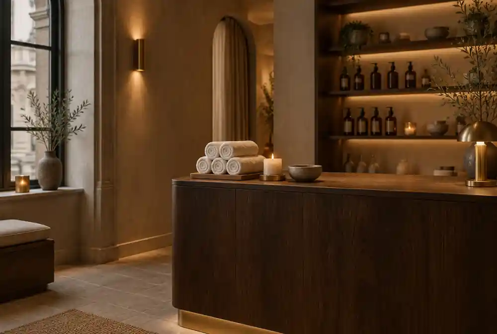 Recepción de spa en el centro de Madrid con luz cálida, mostrador de madera oscura y velas encendidas