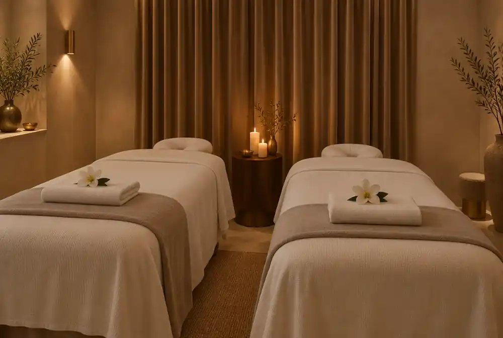 Sala privada de spa preparada para dos, con dos camillas vestidas en lino blanco, una flor sobre cada toalla y velas encendidas entre ambas